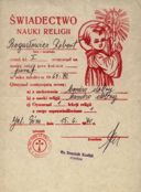 15. Zeugnis aus dem Religionsunterricht von Robert Bogusłowicz, des Autors des vorliegenden Biogramms, mit Stempel des PfarrersKostial.