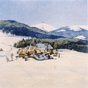 3. Friedrich Iwan, Klein Aupa mit Kirche und Koppe, vor 1931, Radierung, farbige Aquatinta, Besitzer: Riesengebirgsmuseum in Hirschberg