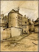 Katarina Kosack, „Fragment Jeleniej Góry. Baszta przy ulicy Grodzkiej”, rysunek ołówkiem, 1927 r., właściciel Muzeum Karkonoskie w Jeleniej Górze MJG AH 4395