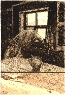 7. Erich Fuchs, Przesuwane okno [Das Schlüppla – Fenster], 1929, akwaforta dwubarwna, 17 grafika z teki Życie w górskich chatach [Das Baudenleben] właściciel: Muzeum Karkonoskie w Jeleniej Górze