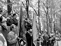 1975-28  1 maja 1975  Jawor, ul. Wrocławska  Obchody 1 maja - Święto Pracy    Trybuna honorowa z przedstawicielami władz miasta, partii oraz stacjonującego w mieście 15 batalionu samochodowego Oddziałów Północnej Grupy Wojsk Armii Radzieckiej.