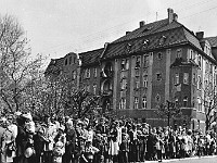 1975-39  1 maja 1975  Jawor, ul. Wrocławska  Obchody 1 maja - Święta Pracy    Mieszkańcy zgromadzeni wzdłuż trasy pochodu w pobliżu trybuny honorowej.