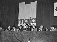 1977-30  1 maja (prawdopodobnie rok 1977)   Jawor, Kino "Jubilat", ul. Piłsudskiego (dawn. ul. Świerczewskiego)  Obchody 1 maja - Święto Pracy    Akademia okolicznościowa.   Przedstawiciele egzekutywy Komitetu Miejskiego Polskiej Zjednoczonej Partii Robotniczej.  Od lewej: (?), Mieczysław Pacholczyk, (?), Tadeusz Sowiński - I sekretarz KM PZPR, Józef Mokrzycki - II sekretarz KM PZPR, Jan Białek - naczelnik miasta.