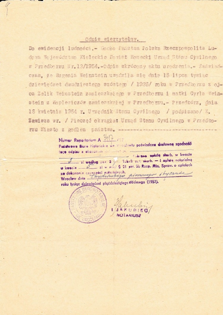 Odpis aktu urodzenia Eugenii Magdziarz