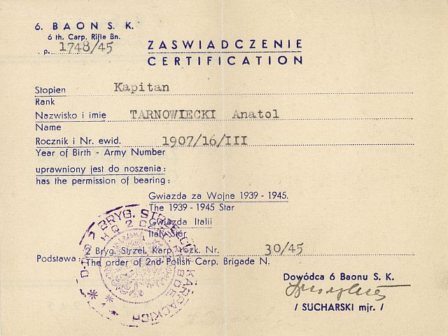 6. Legitymacja odznaczenia Gwiazda za Wojnę 1939-1945. 6. Legitymacja odznaczenia Gwiazda za Wojnę 1939-1945.