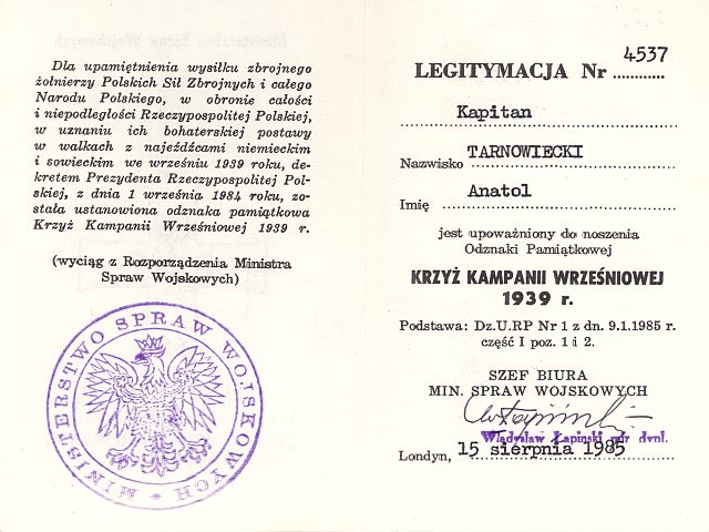 15. Legitymacja Odznaki Pamiątkowej Krzyż Kampanii Wrześniowej 1939. 15. Legitymacja Odznaki Pamiątkowej Krzyż Kampanii Wrześniowej 1939.