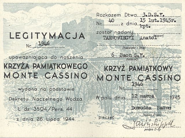 11. Legitymacja Krzyża Pamiątkowego Monte Cassino. 11. Legitymacja Krzyża Pamiątkowego Monte Cassino.