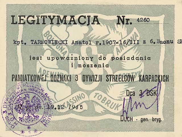 10. Legitymacja Pamiątkowej Odznaki 3 Dywizji Strzelców Karpackich. 10. Legitymacja Pamiątkowej Odznaki 3 Dywizji Strzelców Karpackich.