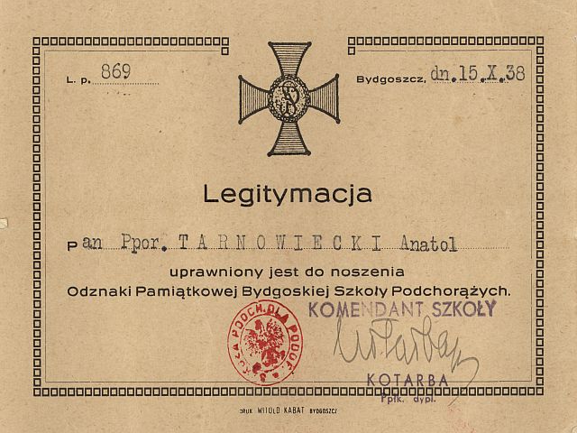 2. Legitymacja Odznaki Pamiątkowej Bydgoskiej Szkoły Podchorążych. 2. Legitymacja Odznaki Pamiątkowej Bydgoskiej Szkoły Podchorążych.