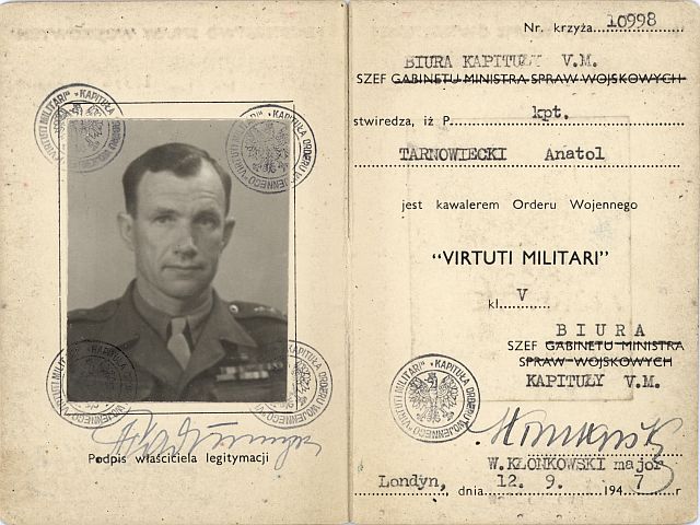 13. Legitymacja Orderu Wojennego Virtuti Militari kl. V. 13. Legitymacja Orderu Wojennego Virtuti Militari kl. V.