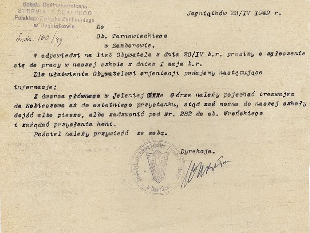 16. Pierwszy list od Dyrekcji Szkoły Ogólnokształcącej Stopnia Licealnego Polskiego Związku Zachodniego w Jagniątkowie do Anatola Tarnowieckiego. 16. Pierwszy list od Dyrekcji Szkoły Ogólnokształcącej Stopnia Licealnego Polskiego Związku Zachodniego w Jagniątkowie do Anatola Tarnowieckiego.