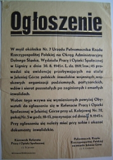 Ogłoszenie [Inc.: W myśl okólnika Nr. 7 Urzędu Pełnomocnika Rządu ...] [Dokument życia społecznego]