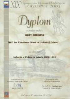 Inflacja w Polsce w latach 1989-1991 - dyplom w randze medalu duży srebrny, 2003 [Dokument życia społecznego]