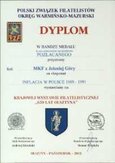 Inflacja w Polsce w latach 1989-1991 - dyplom w randze medalu pozłacanego, 2003 [Dokument życia społecznego]
