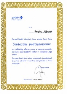 Podziękowanie za współpracę dla Renaty Jóźwiak od Spółki Akcyjnej Diora