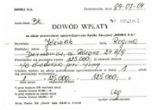 Dwa dowody wpłaty na akcje pracownicze uprzywilejowane Spółki Akcyjnej "DIORA S.A."