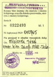 Roczny bilet PKP imienny dla emeryta i rencisty J&oacute;zefa Misiorka, 1996 r.