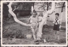 Zjazd rodziny Pawluków - dzieci na podwórku koło studni, lata 60. XX w. (Fot. 2) [Dokument ikonograficzny]