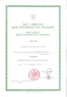 Akt mianowania Tadeusza Wereszki na stopień podporucznika wojska polskiego, 17.11.2000 r.