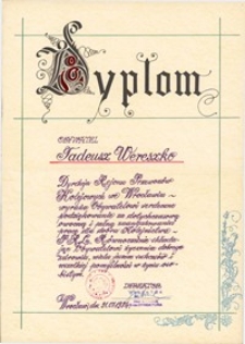 Dyplom - podziękowanie Dyrekcji Rejonu Przewozów Kolejowych we Wrocławiu dla Tadeusza Wereszki, 31.07.1984 r.