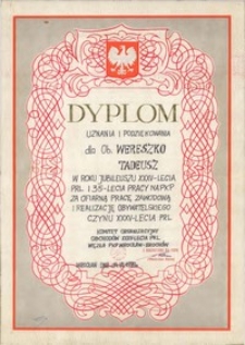 Dyplom uznania i podziękowania dla ob. Tadeusza Wereszki za ofiarną pracę zawodową i realizację obywatelskiego czynu XXV-lecia PRL, 14.07.1979 r.