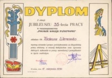 Dyplom z okazji jubileuszu 35-lecia pracy w przedsiębiorstwie Polskie Koleje Państwowe dla Tadeusza Wereszki, 15.08.1979 r.