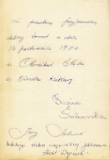 Autografy Bogny i Jerzego Sokorskich udzielone po koncercie w Obornickim Ośrodku Kultury, 13.10.1980 r. [Dokument ikonograficzny]