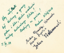 Autografy działaczy kultury: Barbary Księskiej, Lidii Grzańki-Urbaniak, Marka Szydły, Juliusza Adamowskiego, 5.11.1984 r. [Dokument ikonograficzny]