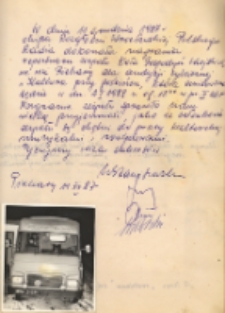 Autografy ekipy radiowców z Polskiego Radia dla miejscowego zespołu śpiewaczego Koła Gospodyń Wiejskich w Piekarach przy okazji nagrania piosenek ludowych i kolęd, 11.12.1987 r. [Dokument ikonograficzny]