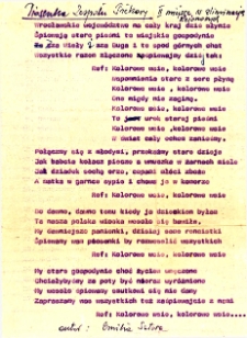 Maszynopis piosenki zespołu śpiewaczego Koła Gospodyń Wiejskich z Piekar z odręcznymi poprawkami, autorstwa Emilii Satory, 1988 r.