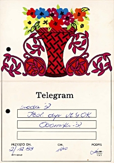 Telegram-zaproszenie do Środy Śląskiej na rocznicową akademię dla zespołu śpiewaczego Koła Gospodyń Wiejskich z Piekar z podpisem R. Czykiel, dyr. MGOK Środa Śl., 2.12.1988 r.