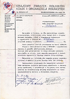 Zawiadomienie Krajowego Związku Rolników, Kółek i Organizacji Rolniczych z Warszawy informujące przewodniczącą Koła Gospodyń Wiejskich w Piekarach o przyznaniu dotacji w wysokości 100 tysięcy złotych na zakup strojów ludowych, materiałów na stroje, instrumentów muzycznych i innych elementów wyposażenia zespołu ludowego w Piekarach, 18.10.1989 r.