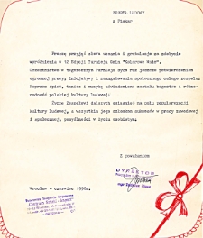 List gratulacyjny dla zespołu ludowego z Piekar za udział i zdobycie wyróżnienia w 12. edycji Turnieju Gmin „Kolorowe Wsie” od dyrektora naczelnego i artystycznego Centrum Sztuki „Impart” we Wrocławiu Tadeusza Płazy, organizatora imprezy, czerwiec 1990 r.