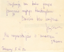 Autograf aktorki spektaklu dla dzieci „Babcia bez kapcia” Marty Bieleckiej, występującej w świetlicy Koła Gospodyń Wiejskich w Piekarach, zorganizowany przez Obornicki Ośrodek Kultury, 14.05.1991 r. [Dokument ikonograficzny]