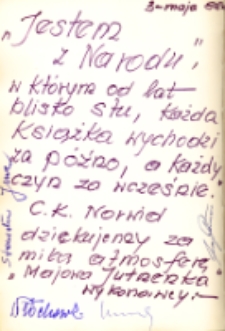 Autografy wykonawców widowiska z okazji Święta Trzeciego Maja „Majowa Jutrzenka” w opracowaniu Jerzego Raciny w Obornickim Ośrodku Kultury, 3.05.1988 r. [Dokument ikonograficzny]
