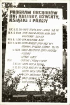 Zdjęcie plenerowego afisza z programem obchodów Dni Kultury, Oświaty, Książki i Prasy od 8 do 27 maja 1988 r. [Dokument ikonografivzny]