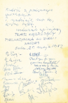 Autografy aktorów Teatru Wędrującego udzielone po przedstawieniu „Pielgrzymka do ziemi naszej” w Klubie Leśnym w Osoli, 29.05.1982 r. [Dokument ikonograficzny]