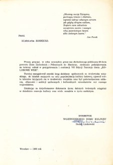 List Dyrektora Stefana Liszkowskiego Wojewódzkiego Domu Kultury we Wrocławiu do Elżbiety Kornickiej z podziękowaniem za przygotowanie i realizację VII Edycji Turnieju Gmin „Kolorowe Wsie”, 1985 r.