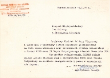 Podziękowanie Powiatowego Komitetu Kultury Fizycznej i Turystyki w Trzebnicy dla Miejskiego Międzyzakładowego Domu Kultury w Obornikach Śląskich oraz kierowniczki Aliny Piątkowskiej i Ireny Dedyńskiej za pomoc w zorganizowaniu wyścigu kolarskiego Jesień Obornicka 1970, 19.10.1970 r.