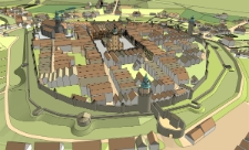 Cyfrowe rekonstrukcje zabudowy miasta Jeleniej Góry : widok od zachodu – Baszta Zamkowa, Ratusz [Dokument elektroniczny]