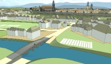 Cyfrowe rekonstrukcje zabudowy miasta Jeleniej Góry : widok od północy – most na ulicy Mostowej na rzece Bóbr [Dokument elektroniczny]