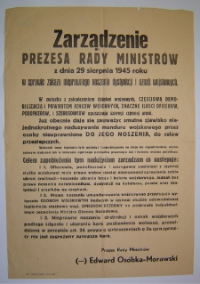 Zarządzenie Prezesa Rady Ministrów z dnia 29 sierpnia 1945 roku w sprawie zakazu nieprawnego noszenia dystynkcji i oznak wojskowych [Dokument życia społecznego]