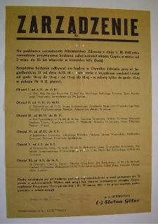 Zarządzenie Ministerstwa Zdrowia z dnia 3 marca 1948 w sprawie przymusowego badania całej ludności miasta Cieplic w wieku od 3 mies. do 65 lat włącznie w kierunku kiły (lues) [Dokument życia społecznego]