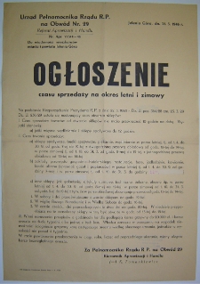 Ogłoszenie czasu sprzedaży na okres letni i zimowy [Dokument życia społecznego]