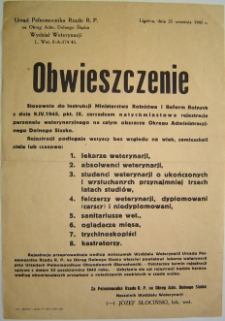 Obwieszczenie w sprawie natychmiastowej rejestracji personelu weterynaryjnego na całym obszarze Okręgu Administracyjnego Dolnego Śląska [Dokument życia społecznego]