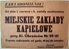 Zawiadomienie o uruchomieniu Miejskich Zakładów Kąpielowych w dniu 5 czerwca 1948 przy Al. Obrońców nr 59/61 [Dokument życia społecznego]