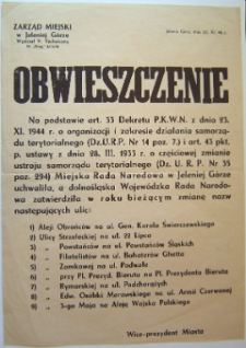 Obwieszczenie o zmianie nazw ulic [Dokument życia społecznego]