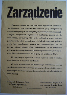 Zarządzenie w sprawie wykazu ilości Niemców zatrudnionych w zakładach [Dokument życia społecznego]