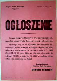 Ogłoszenie w sprawie sprzedaży napojów alkoholowych mimo braku koncesji [Dokument życia społecznego]