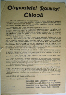 Obywatele! Rolnicy! Chłopi! [Inc.: Struktura gospodarcza naszego Państwa w dobie dzisiejszej odbudowy kraju, stawia nas...] [Dokument życia społecznego]